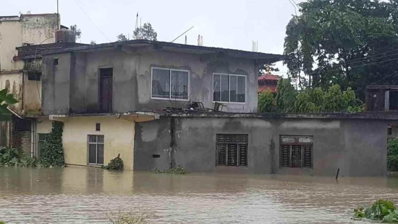 A building under water in the province of Terai, Nepal