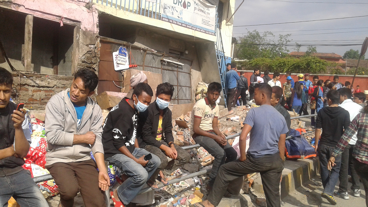 People waiting outside in the immediate aftermath of the earthquake. Nepal.