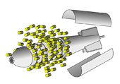 A graphic showing a cluster bomb opening and releasing submunitions.