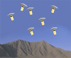 A graphic showing multiple submunitions parachuting to the ground