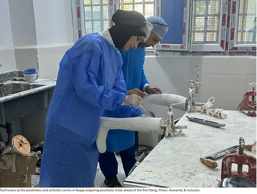 Technicians at the prosthetics and orthotics center in Raqqa are preparing prosthetic limbs ahead of the first fitting. Photo: Humanity & Inclusion. ; }}
