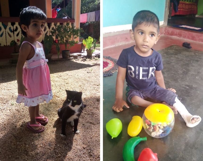 A split image shows a little girl with a cat on the left and a little ball with toys on the right
