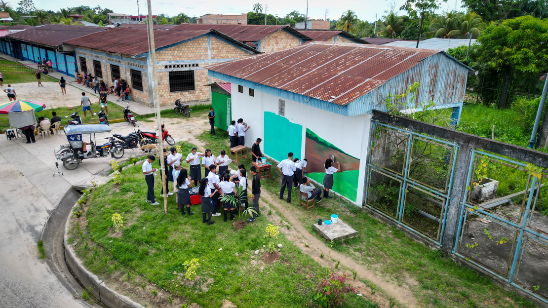 A drone shot of a group of teenagers in school uniforms painting a mural with lots of green on the front of a house.