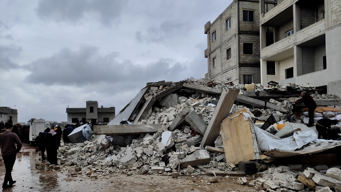 Collapsed building turned to rubble. 