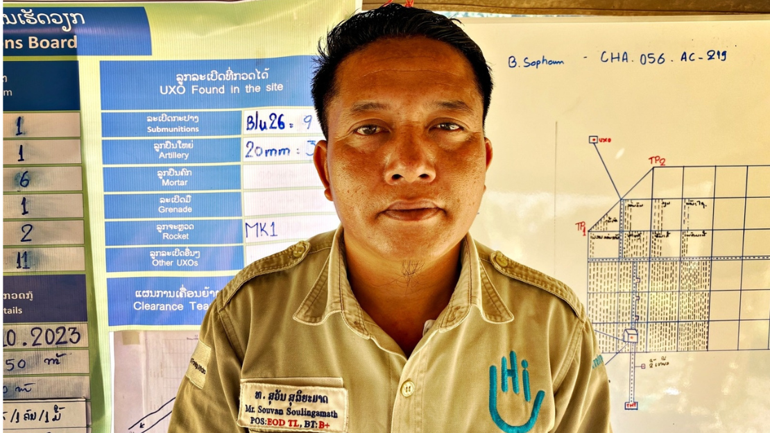 Souvan Soulingamath has been working with HI since 2007. He is now an EOD specialist and leads the demining team. Sophoun, Laos, October 2023. 