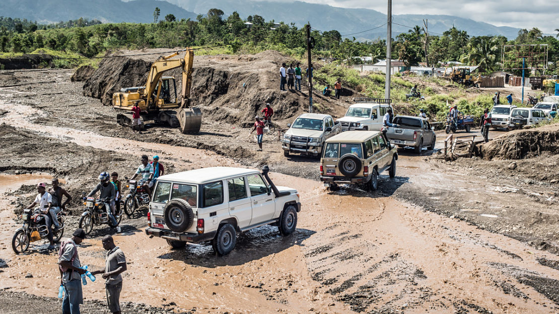 Destruction from Hurricane Matthew. The bridge at Petit Goâve was destroyed by the flooding of river La Digue, Haiti 2016. 