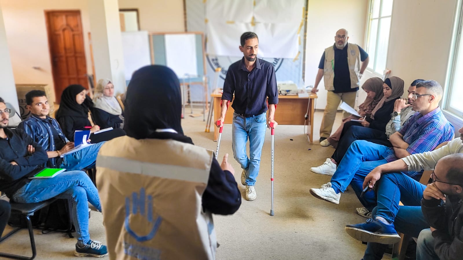 In the Middle Area in Gaza, HI trains rehabilitation volunteers on how to use the mobility devices.