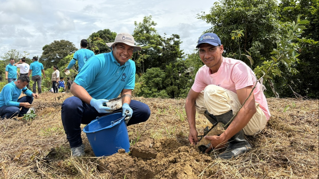 Tree planting in September 2025 in Carepa, Antioquia. On the right, Oscar Graciano, farmer and community leader.