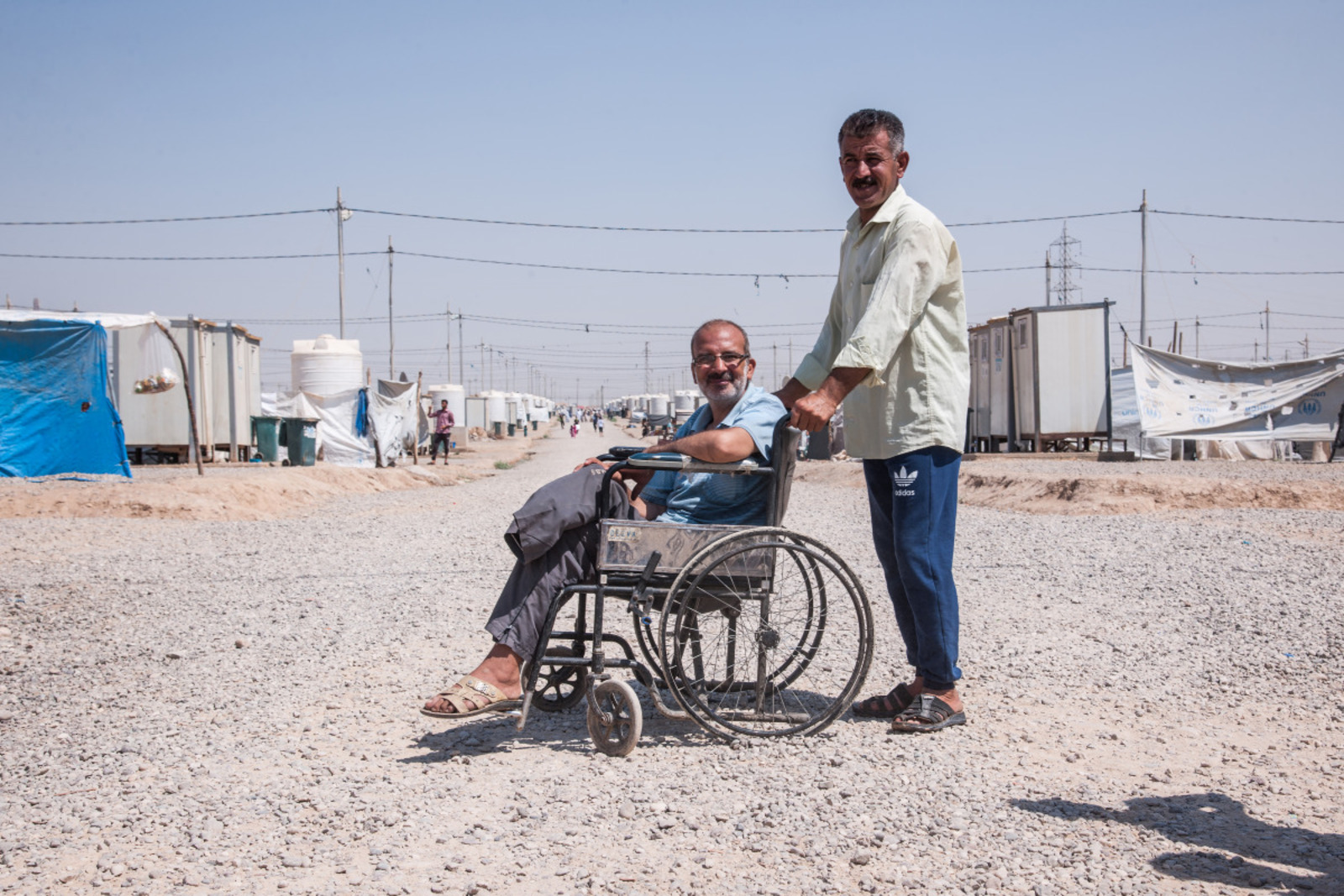 A man displaced from Mosul who lost his leg during an artillery strike. He is beneficiary of psychosocial support services and he received a tent. Khazer M1 camp.