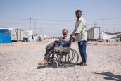 A man displaced from Mosul who lost his leg during an artillery strike. He is beneficiary of psychosocial support services and he received a tent. Khazer M1 camp.