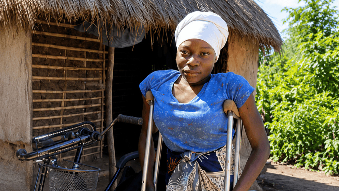 A young woman stands on two crutches in front of a wheelchair. Behind, we can see a thatched house and vegetation.