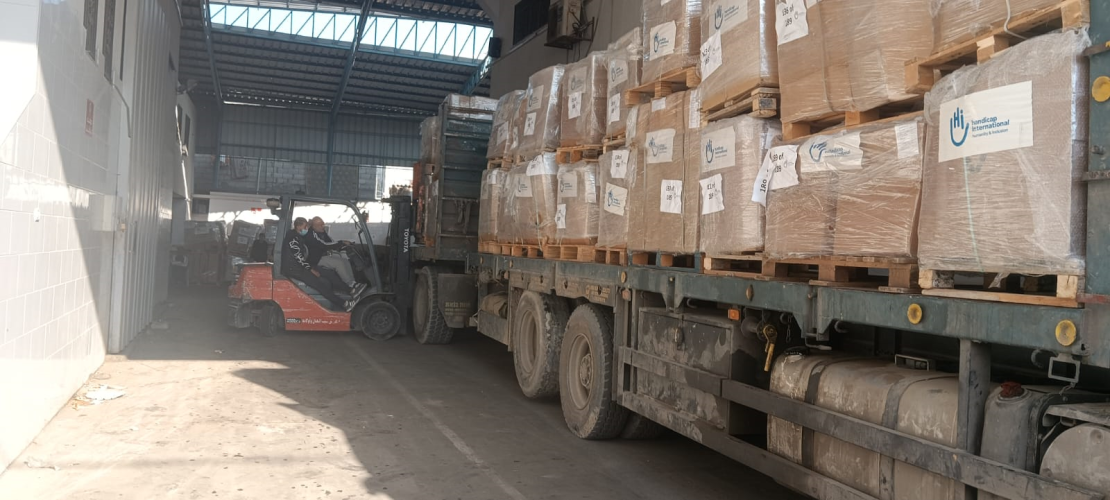 HI truck at the Rafah border crossing on the way to the HI warehouse. 