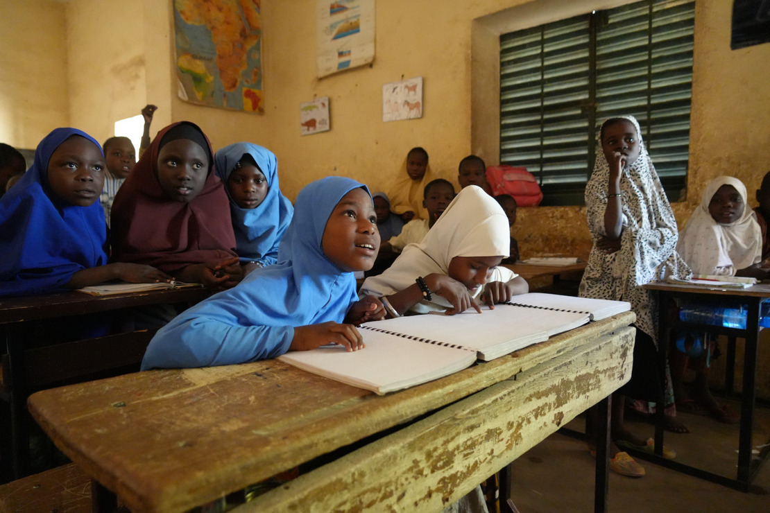 Malika at school with her best friend Habsatou. Malika, 10, lives in Maradi, Niger. She has a visual disability.