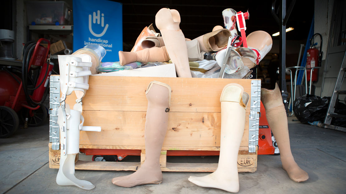 A donation box for French prostheses in Hl's assistive devices refurbishment workshop.