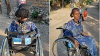Two side-by-side photos of a young woman in a HI wheelchair on a dirt road, the right photo features two young children standing in the background