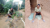 Photo editing showing two photos of Yosefi: one crouching in a garden front of shrubs and another sitting on a sheet in front of him home, holding a book in his hands.