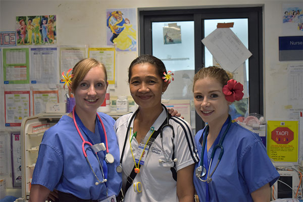 Susie Wolstenholme and Maeve Tohill with Samoan physical therapist, Rube