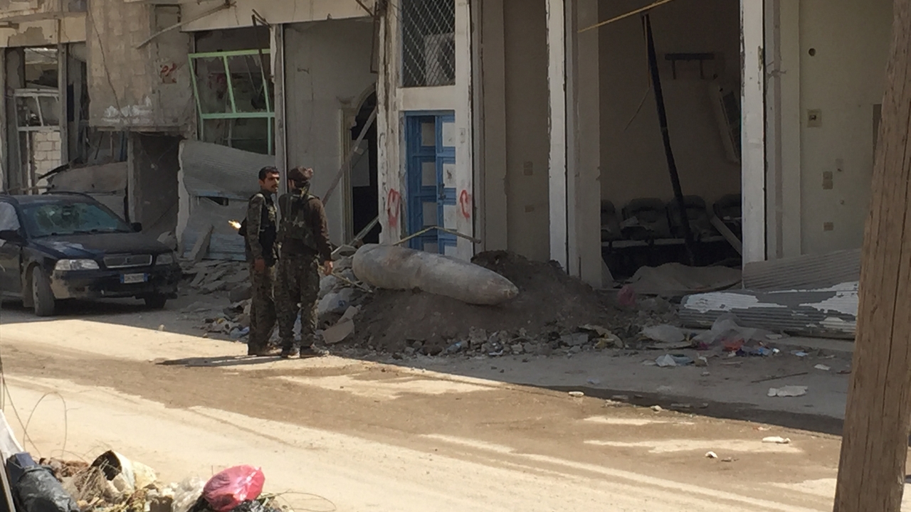 An explosive remnant of war (ERW)found on the street in Kobani, Syria.