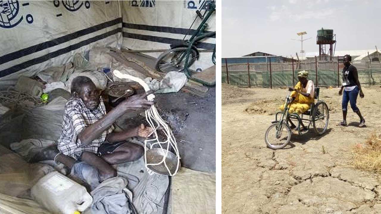 Ugok weaving a dish hanger to sell, and Mary using her hand tricycle, Malakal, South Sudan