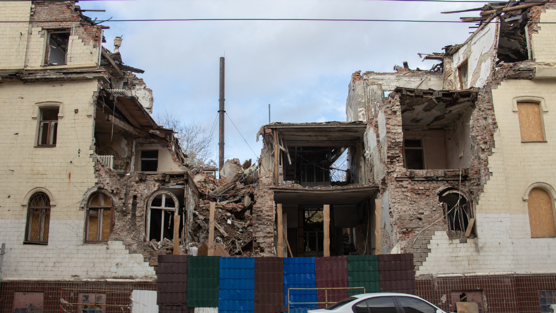 Civil infrastructure building (a medical Center) destroyed in the city of Kharkiv, Ukraine's second largest city, in the north-east of the country. 