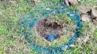 Cluster bomb in grass marked by blue spray paint