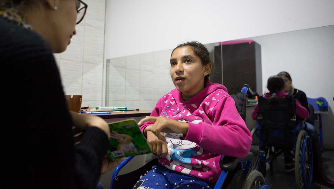Bayan attends a speech therapy session at the Mousawat rehabilitation centre, Lebanon.