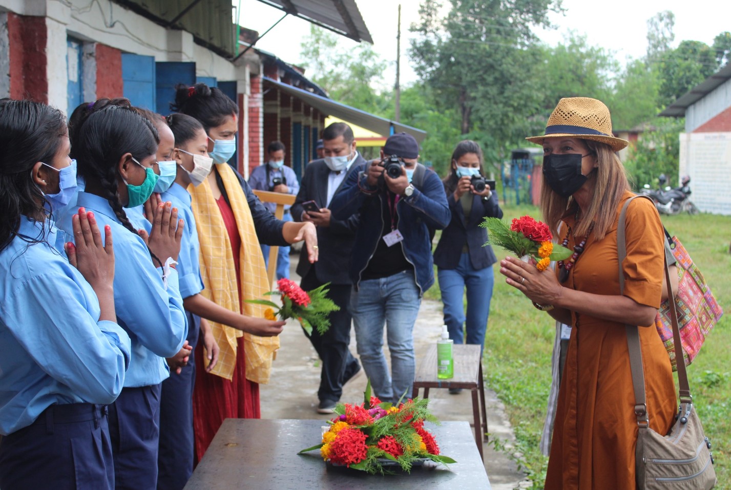 School students extend a warm welcome to Helen Grant at their school in Banke, Nepal.