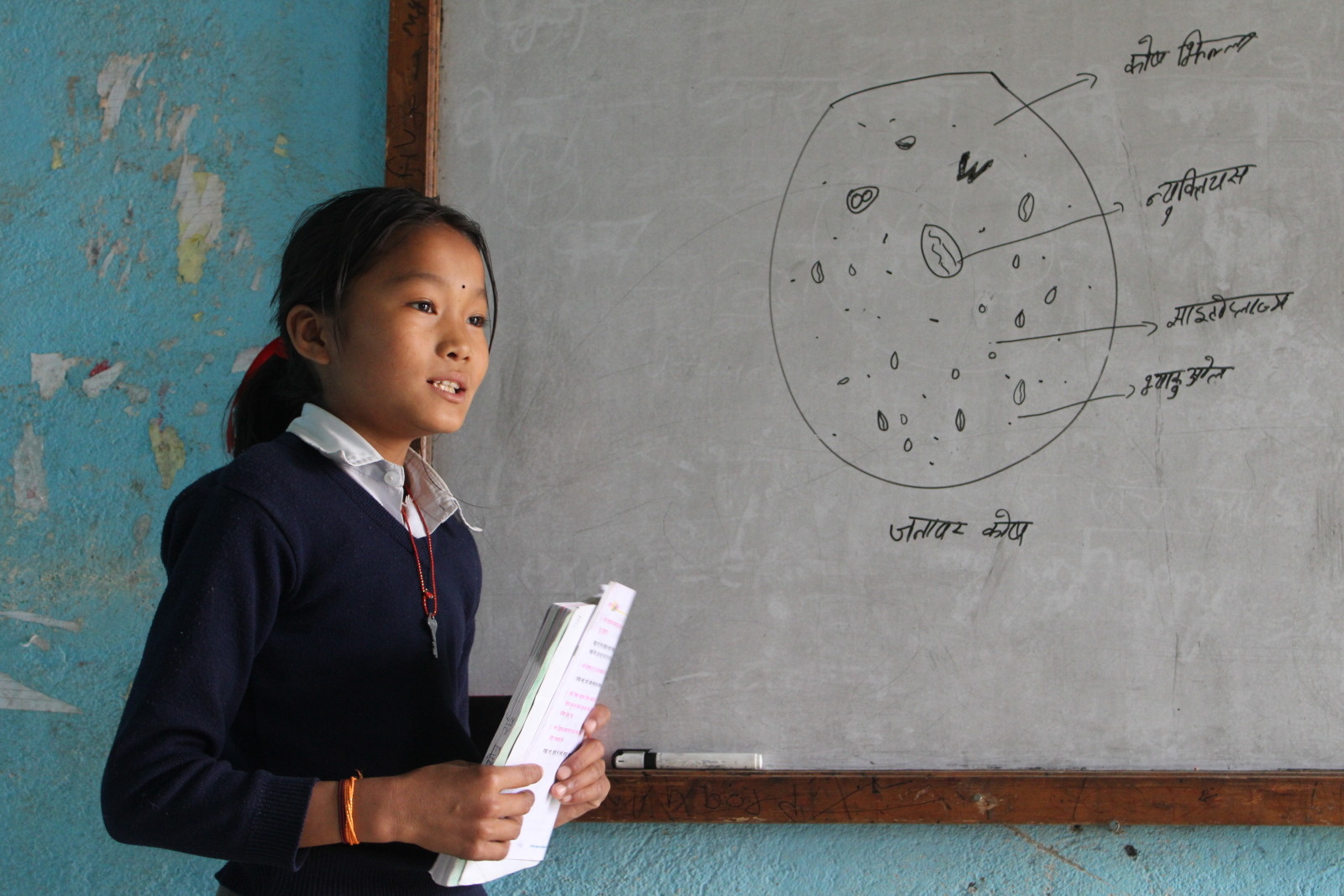 Sundari in front of the class talking about animal cells. 