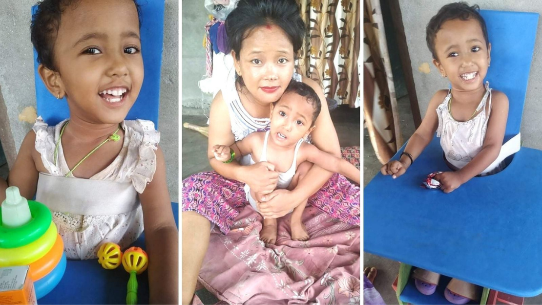 Collage of three images. On the left and right a young girl sits in a special chair that helps her posture. In the middle the young girl and her mother practice physical therapy exercises