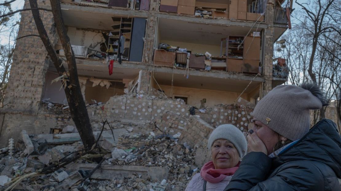 Damage to residential buildings from bombing and shelling. Kiev, Ukraine.