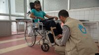 Patient care by Aiman, senior physical therapist at the Sana'a Rehabilitation Centre, Yemen