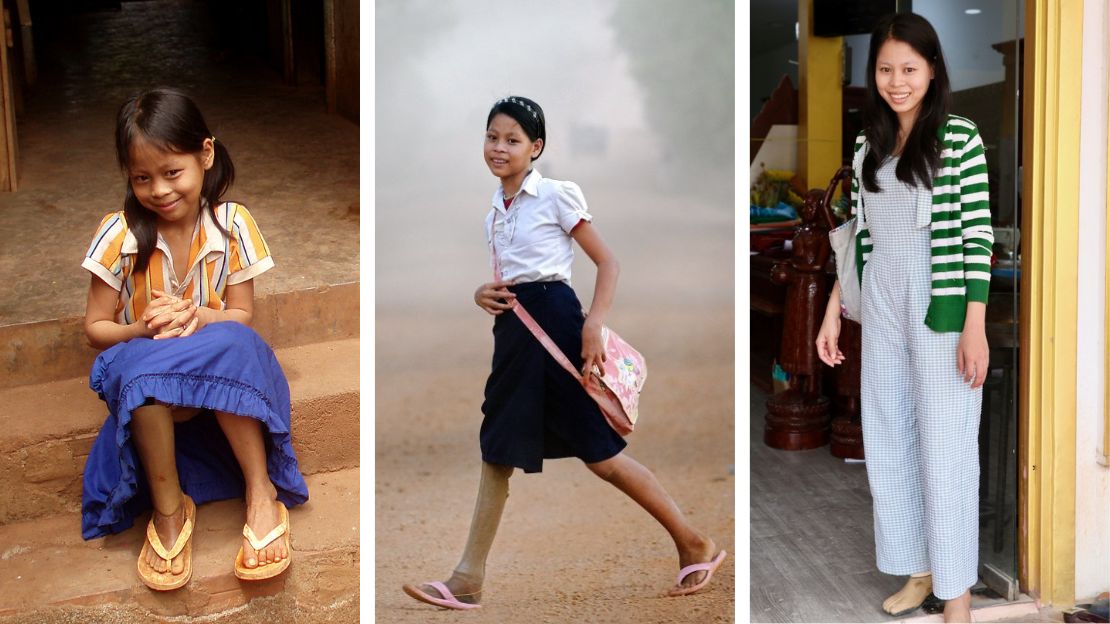 Three photos of a Cambodian girl from different years. The first shows a small child sitting on a step. The second shows a teenage girl walking to school. The third shows a grown woman standing the door of a sewing workshop.