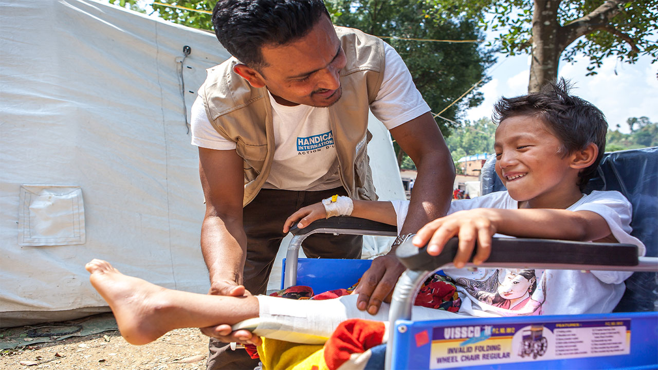 Chusang Tamang, 10, was injured in the earthquake by debris falling as he played outside his house. It is expected that Chusang will be able to walk in two months.Nepal.