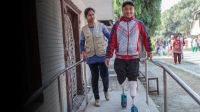 Sandesh, 14, learning to walk again on artificial limb legs
