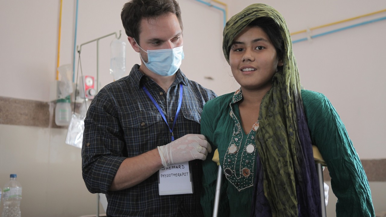 Earthquake victim Romila during a physical therapy session. Nepal.