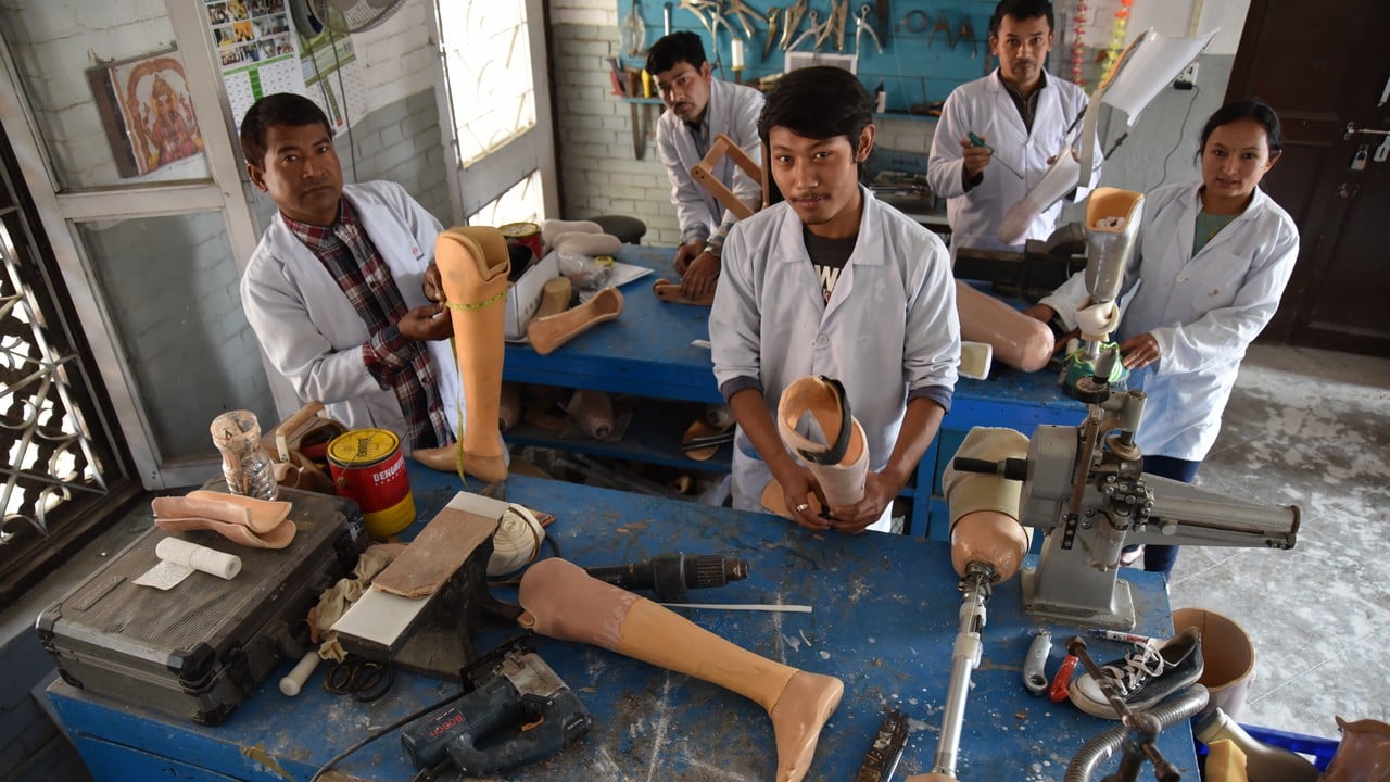 A artificial limbs and braces workshop at the National Disabled Fund rehabilitation center in Kathmandu, which is supported by Handicap International. Nepal.