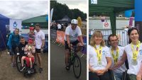 Superheroes Pete and John, Roy (cycling) and Carrie, Andrew and Sarah with their medals.